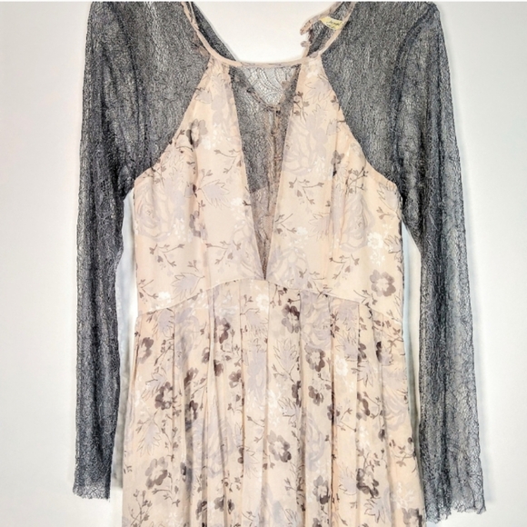 🦄RARE Free People Floral Lace Cream Grey Watercolor Maxi Dress Size 12 - Picture 13 of 15